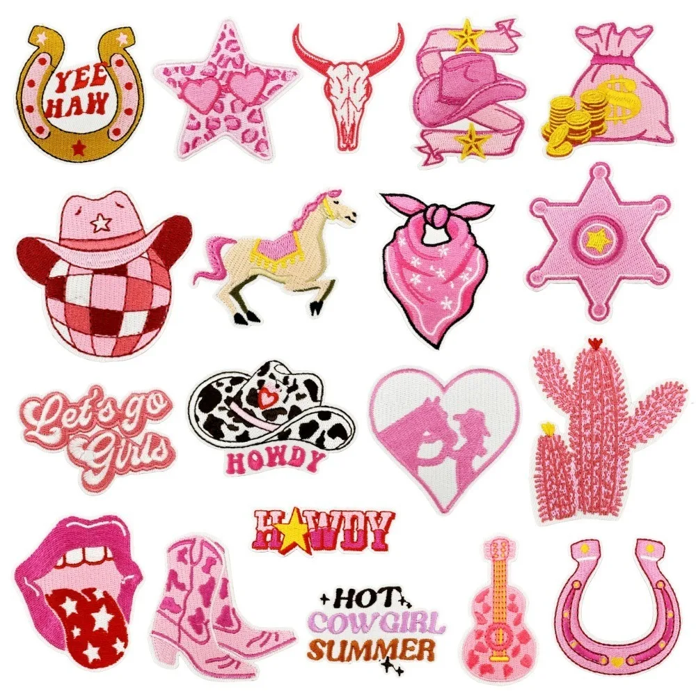 10/19PCS Western Cowgirl Embroidered Patch Trucker Hat Pink Cowgirl Hats Iron On Patches Clothes Decoration Badge Applique Patch