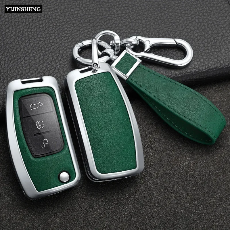 3 Buttons New Zinc Alloy + Leather Car Key Case Cover For Ford Fiesta Focus 2 Ecosport Kuga Escape Falcon B-Max C-Max Eco Sport