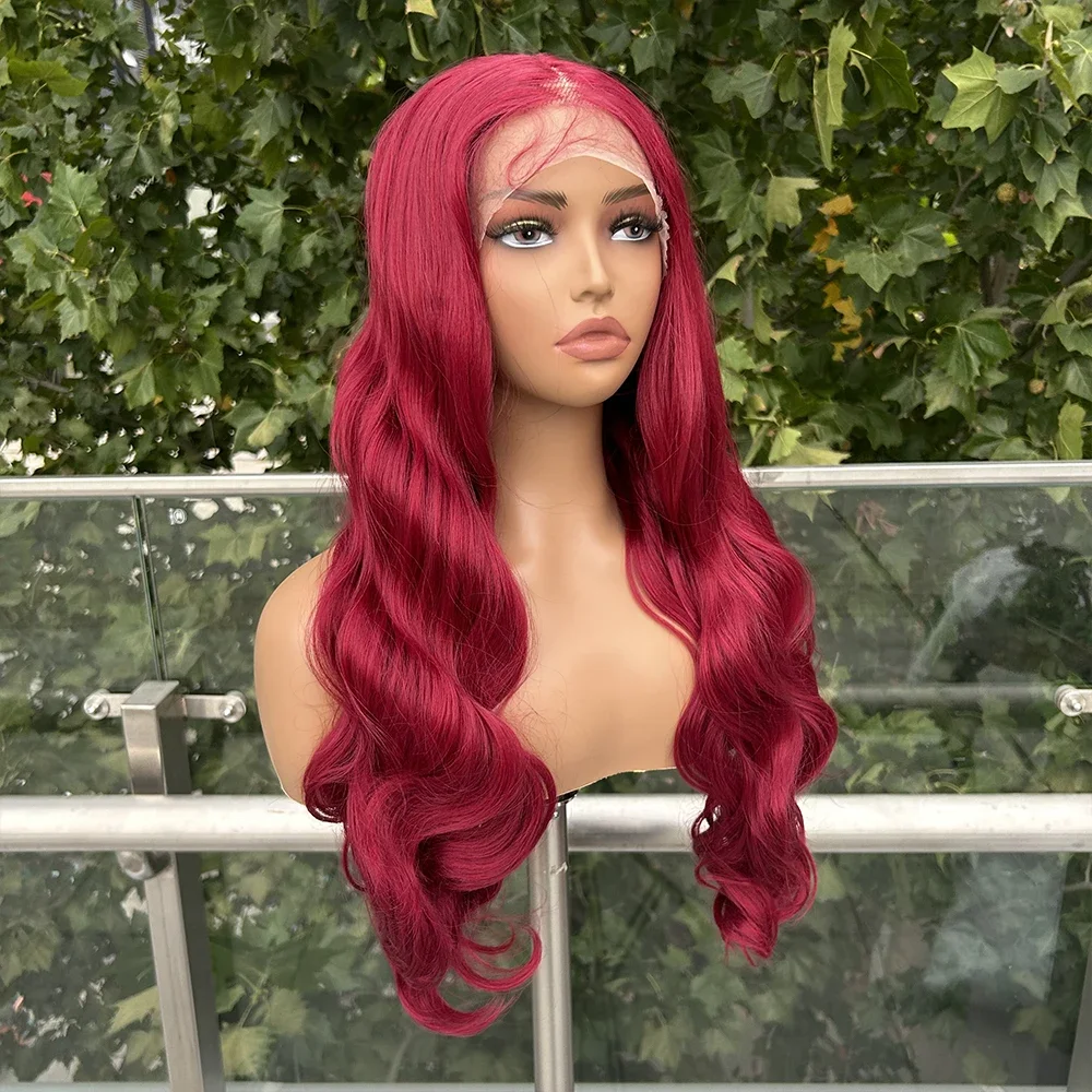 SOKU Synthetic Lace Frontal Wig Burgundy Body Wave 26 Inch Hair Trendy T Part Lace Wigs with Pre Plucked Baby Hair for Women