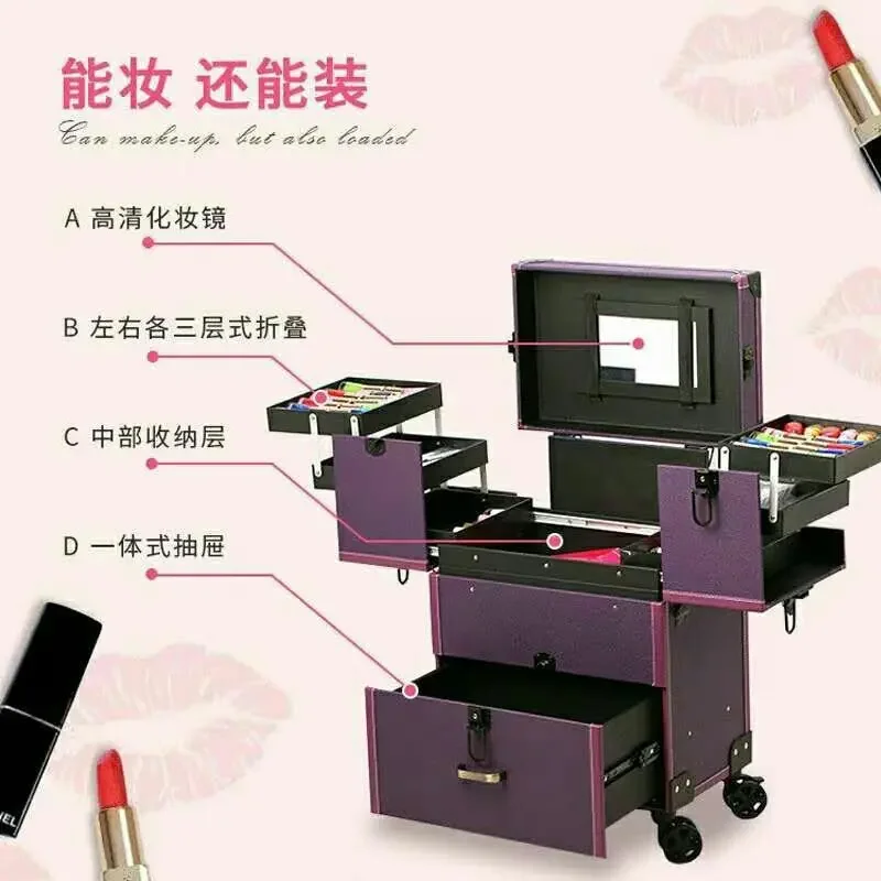Beauty and makeup box lever, professional high-capacity embroidered nail art toolbox, semi permanent high-end universal wheel, m