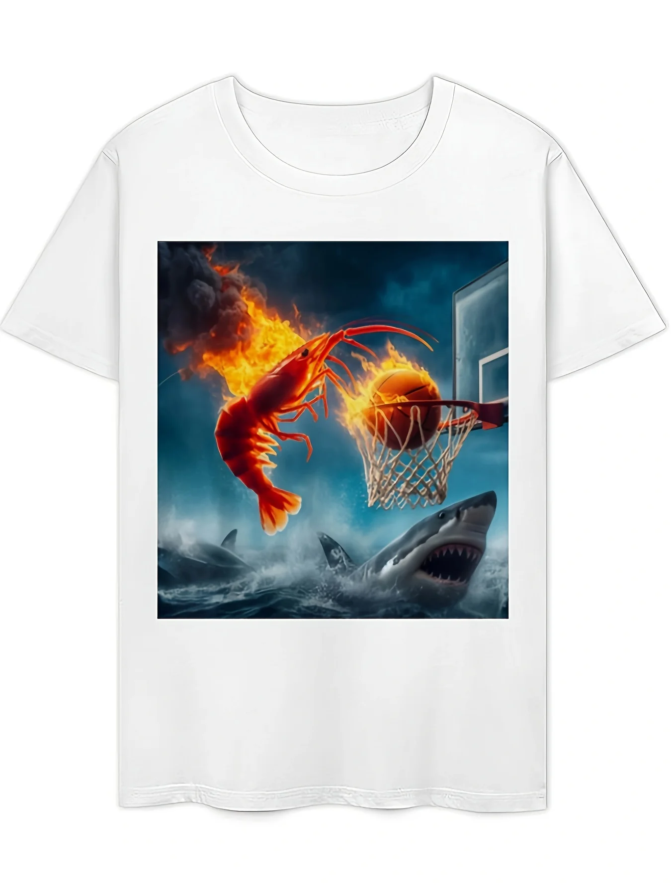 Unisex Casual T-Shirt | Shrimp Dunking on Shark Graphic Tee, Retro Fishing Meme Design Slight Stretch