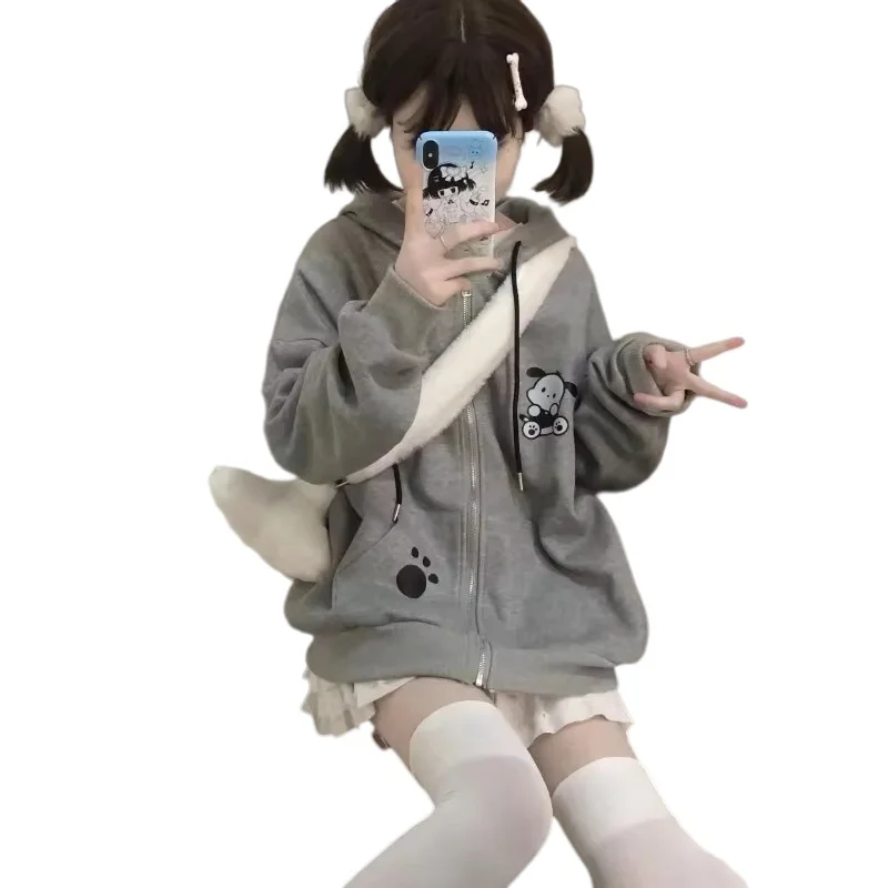 

S-XXL Cartoon Women Streetwear Sweatshirt Coat Pochacco Thicken Zip Up Hoodie Cotton Spring Autumn Sweet Loose Student Girls