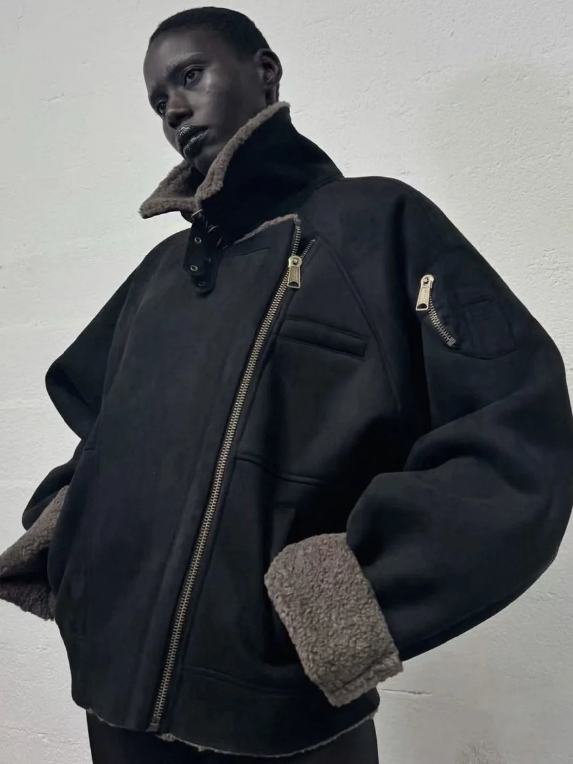 

TENS Nofaith американский ретро тяжелый черный коричневый летный шерстяной тюнер с наклонной молнией кожаный меховой интегрированный верхняя одежда пальто