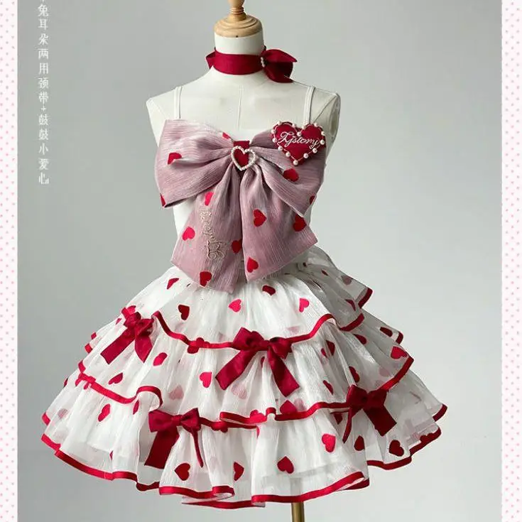 Originele Lolita Tank Top + Rok Sk Tweedelige Set Zomer Nieuwe Zachte Meisjes Leuke Strik Top Rok Outifits Dames Liefde Print Jurken