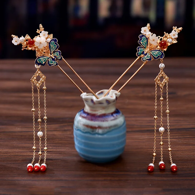 Headdress for Han Chinese Clothing Ancient Style Dangling Ornament Tassel Plate Hairpin Female Hair Clasp Accessories Costume