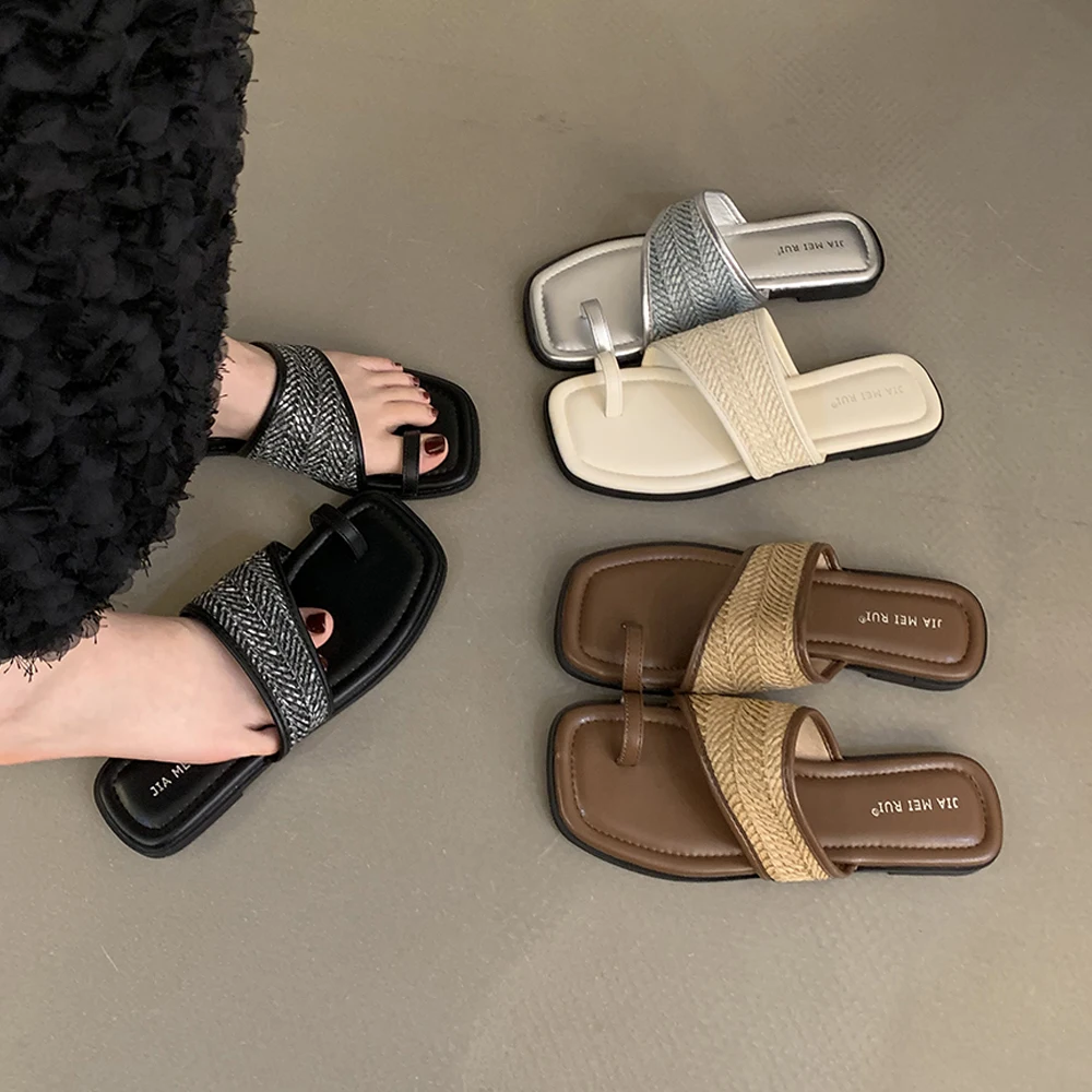 

Women's Ring Toe Flat Sandals Summer Slip-on Square Open Clip Toe Non-Slip Beach Flats Slippers Sandal for Vacation Walking