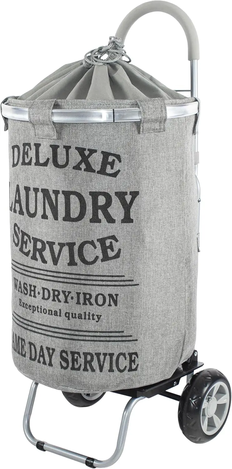 

Портативная тележка для белья с колесами, съемной сумкой и сортировщиком для удобного использования дома и стирки.