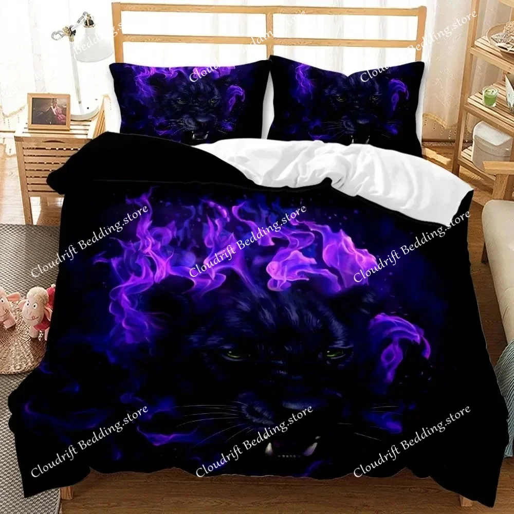 3D Black Panther Duvet Cover Set Kids Boys Girls Comforter Cover Blue Fire Wild Animal Polyester 3PCS Fashion Bedding Set