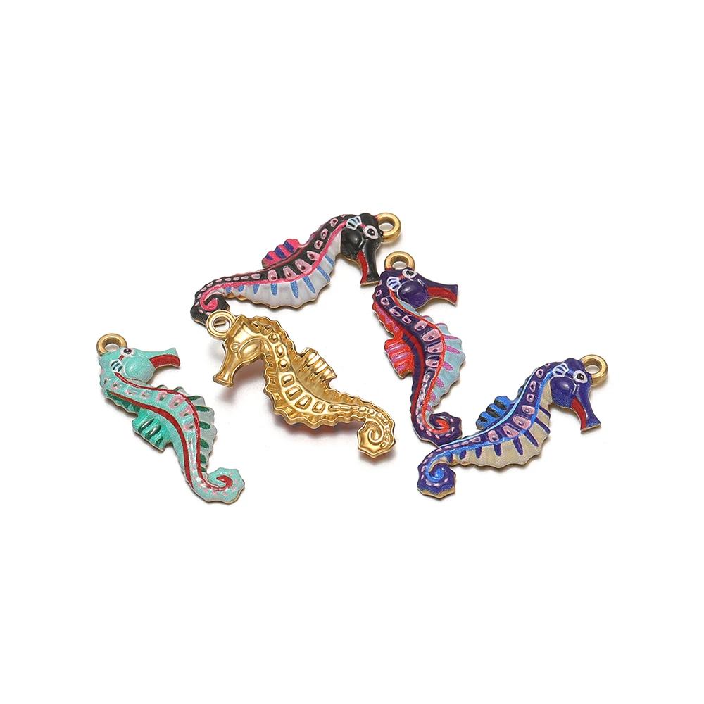 4pcs Stainless Steel Enamel Seahorse Pendant for DIY Kids Jewelry Bracelet Making Children Earrings Charms Necklaces Accessories