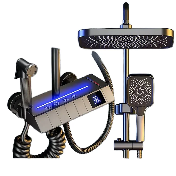 

Shower Trim SystemGenuine Gunmetal Digital Display Thermostatic Shower Set Ambient Light Soft Universal Bathroom Water Heater Ce