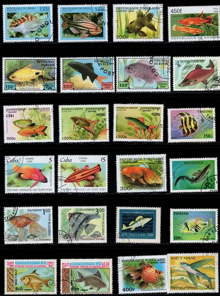 50 pçs/lote tópico de carimbo de peixe todos diferentes de muitos países sem repetição selos postais com marca postal para coleta