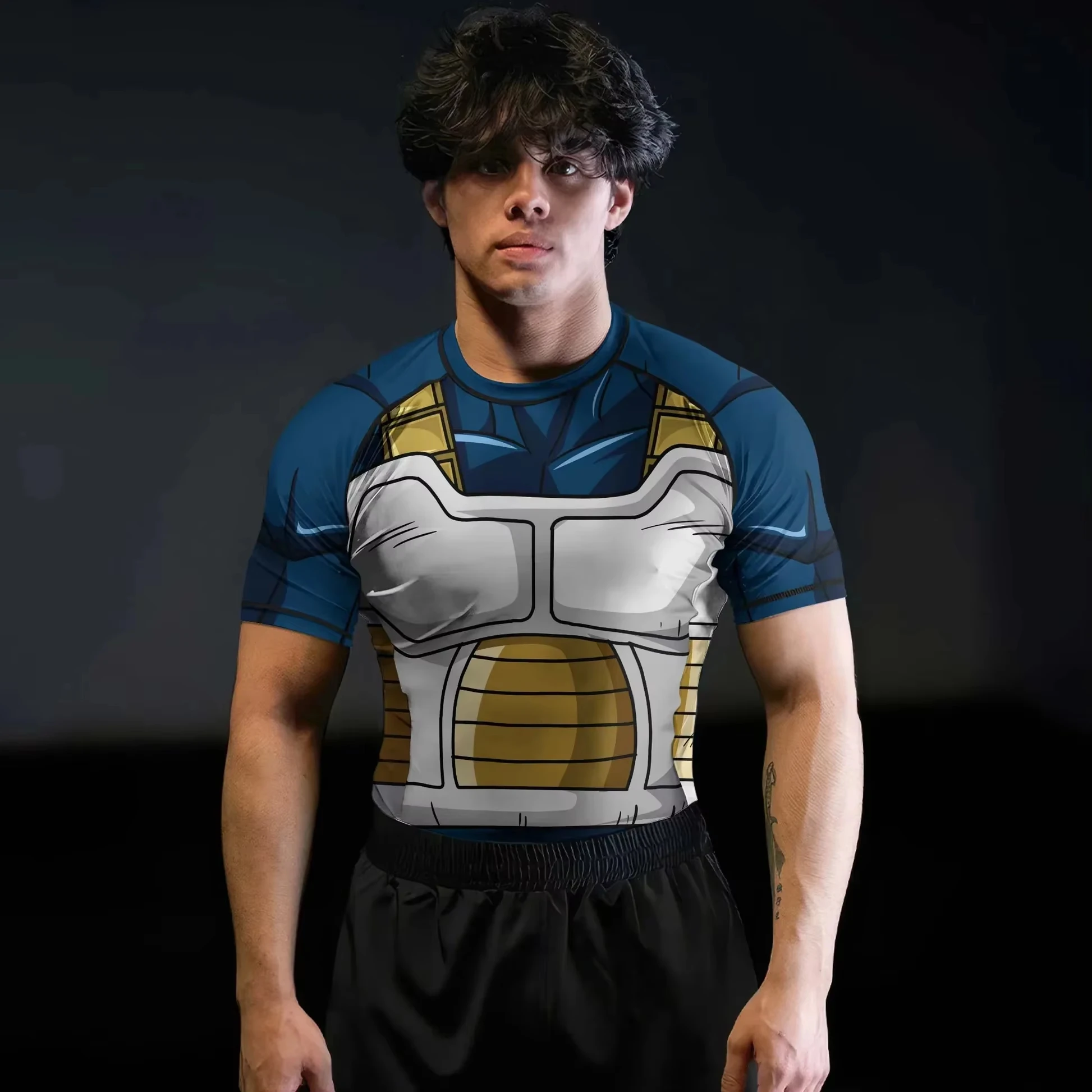 Dragon Ball Vegeta Kompressionsshirt Blau Weiß Gold Saiyan-Rüstungs-Print Schnelltrocknend Kurzarm Rash Guard für Fitness-Training & MMA