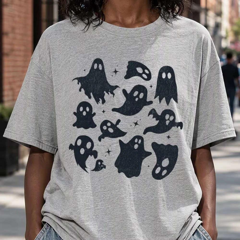 2026 Spooky Season Ghost Tee Women Halloween Cute Ghosts Collage Short Sleeve Cotton T-Shirt Fall Party Gift Women Clothing