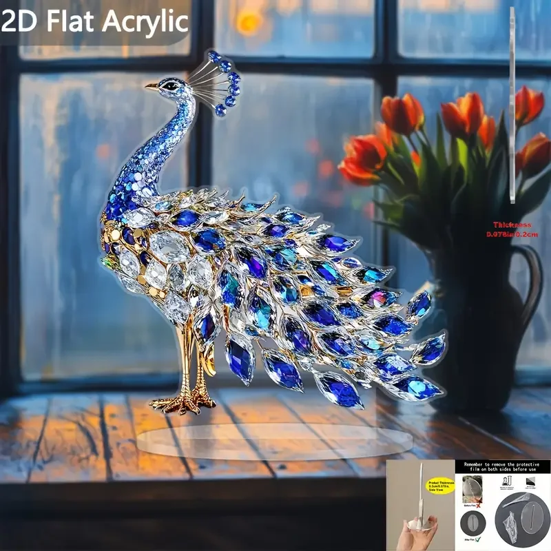 1Pcs Crystal 2D Acrylic Peacock Desktop Decora Statue Ideal Bedroom Decora Living Room Decora Festival Decora Gift for Others