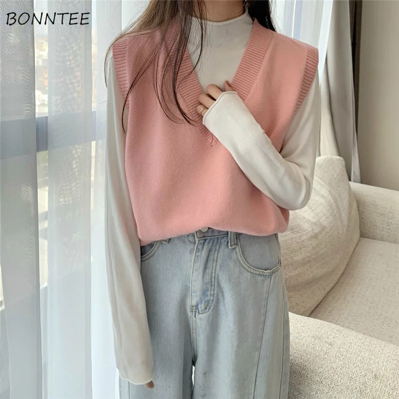 Pullover Westen Frauen Studenten V-ausschnitt Ärmelloses Strick Grundlegende Lose Beiläufige Koreanische Stil Preppy Alle-spiel Winter Candy Farbe