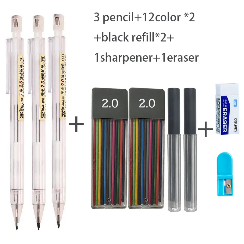 Lápiz mecánico retráctil de Metal y plástico, recambio 2B de 2mm para dibujar bocetos y dibujar en la escuela, color negro, 2,0