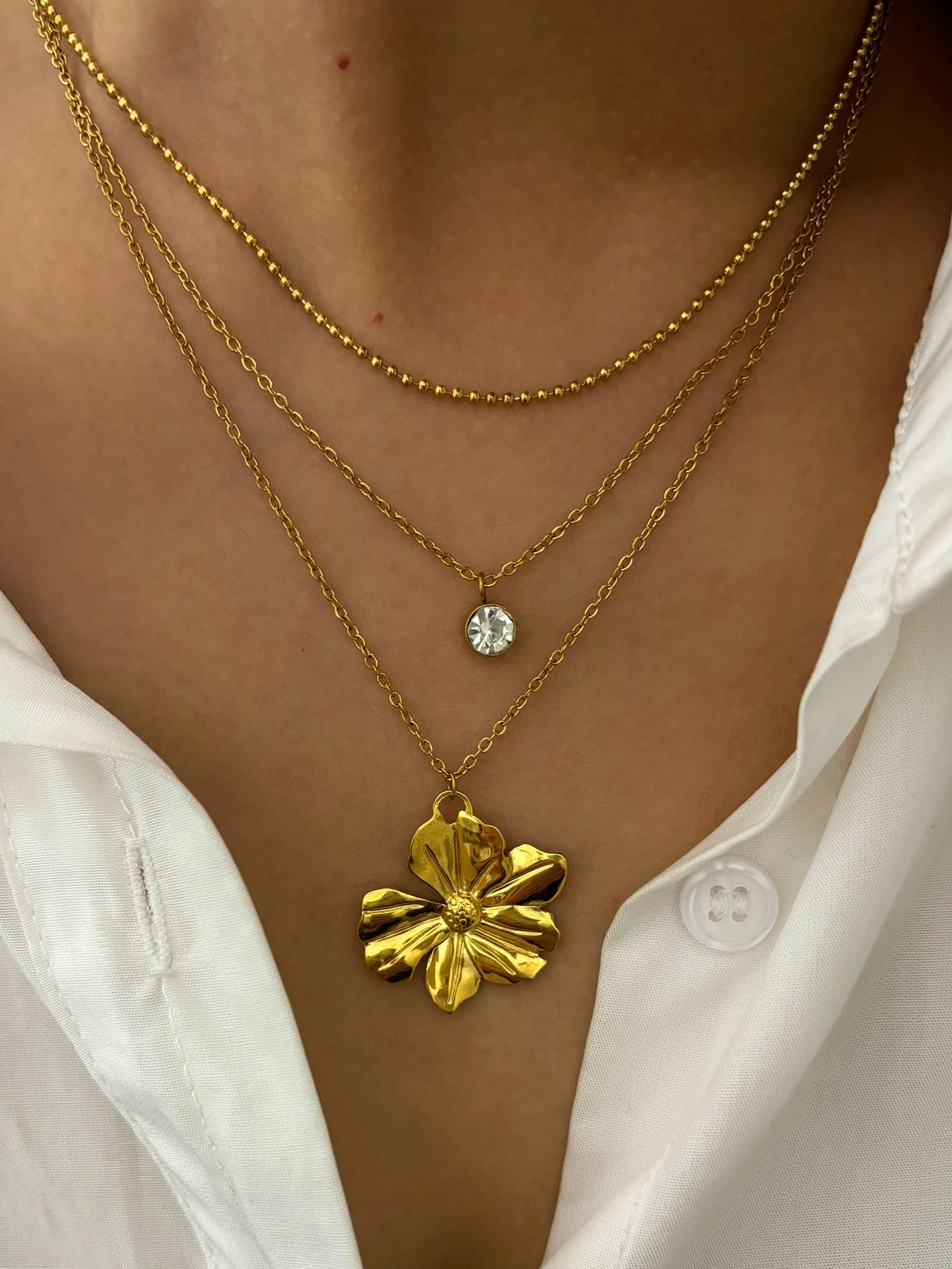 Peri\'sbox Minimalist 18K Gold Plated Bead Chain Flower Rhinestone Pendant Necklace For Women Trendy Stainless Steel Jewelry Gift