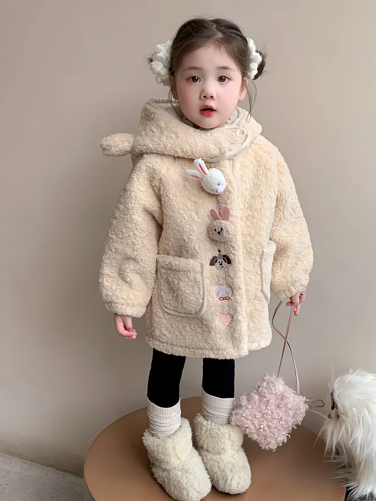 Girls' Fur Coat Autumn and Winter 2024 New Thickened Little Girl Winter Coat with Fleece Children's Warm Top