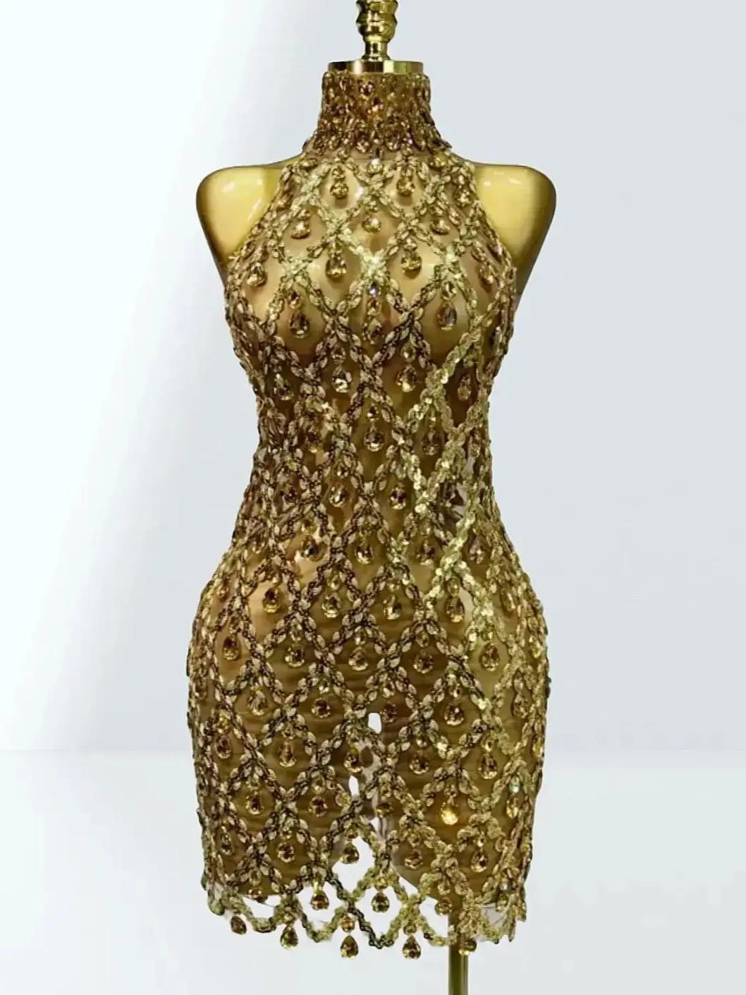 Luxury Sparkling Diamonds Mesh Sexy Throug Mini Dress Fashion Woman Birthday Party Dress Stage Performance Costume