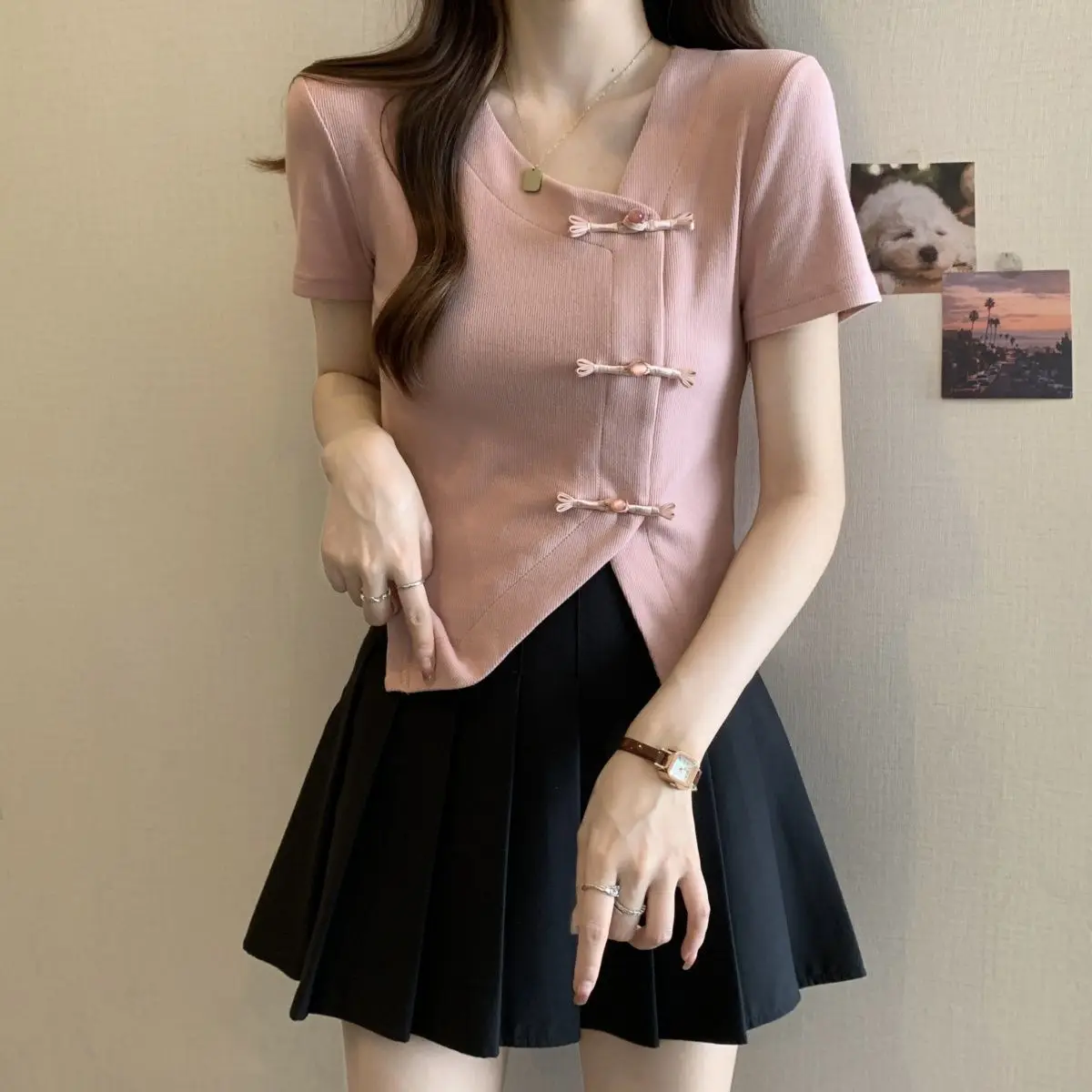 Summer Large-size Women's Clothing New Solid-color Chinese Style Irregular Slim-fitting V-neck Short-sleeved T-shirt