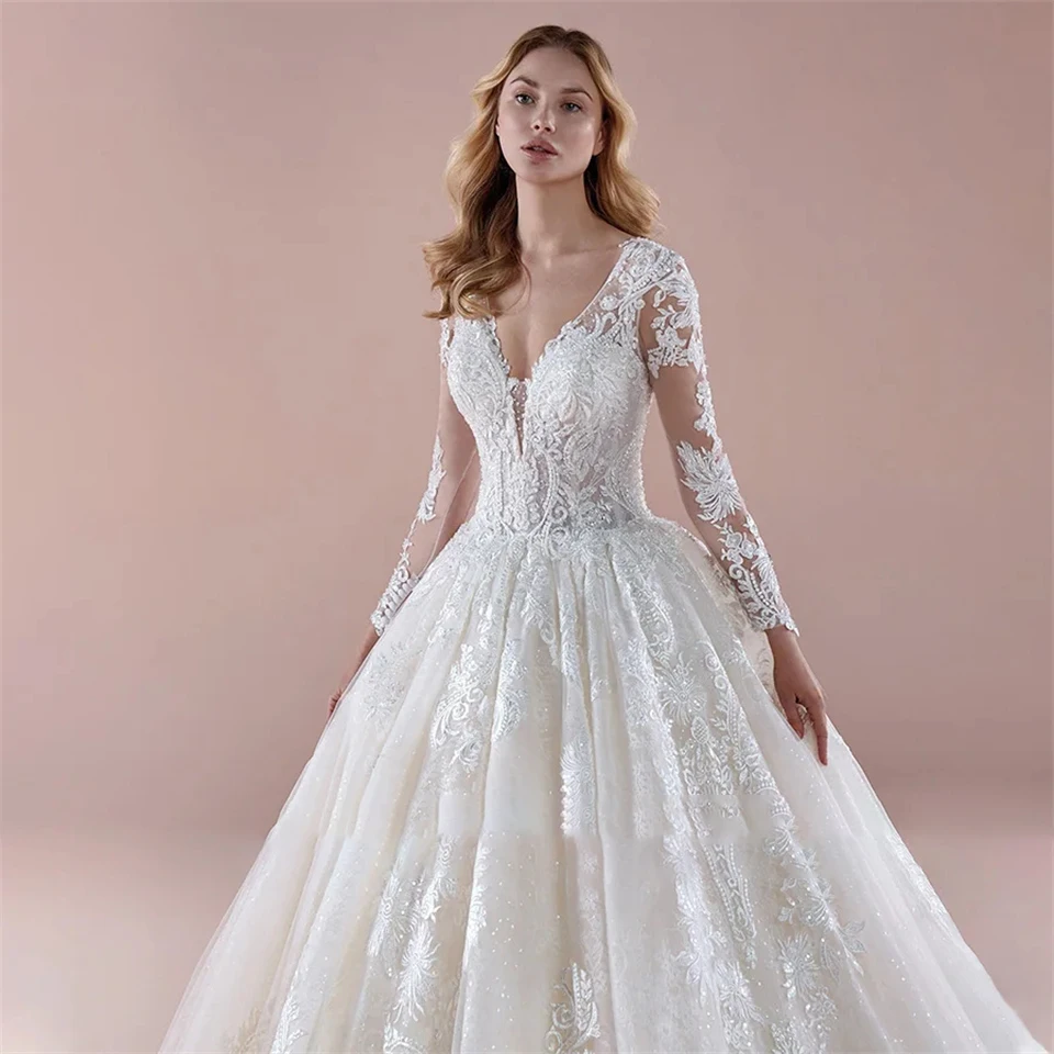 Elegant 2024 V-Neck Appliques Tulle Wedding Dress  for woman Backless Court Train Bridal Gown Ball Gown Vestidos De Noiva