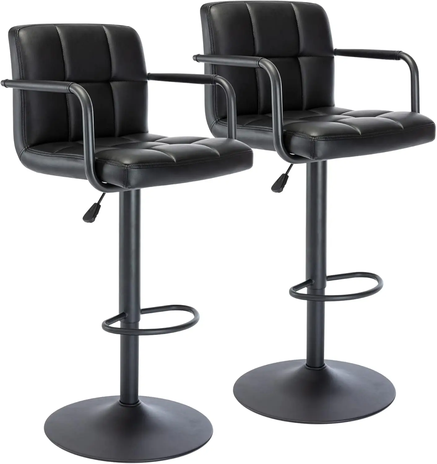 Vogue Furniture Direct Modern PU Leather Square Bar Stools, Adjustable Swivel Barstools with Back and Arms, Airlift Counter