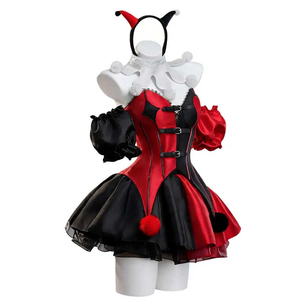 Clown Vest Skirt Adult Women Cosplay Red Black Dress Carnival Costume Headpiece Neck Collar Outfits Halloween 2026 Party Suit view 3