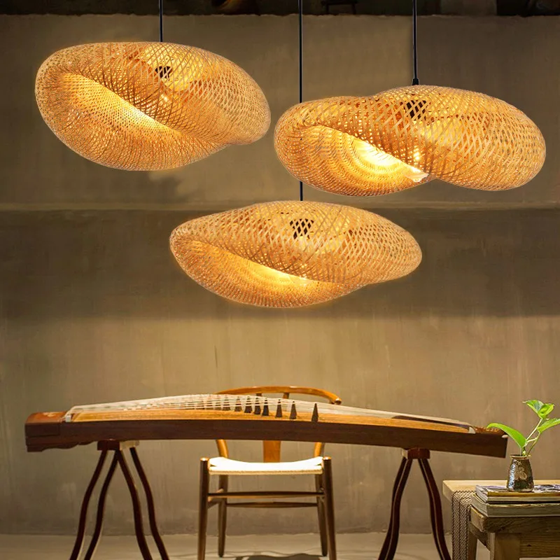 

Hand Woven Bamboo Rattan LED Pendant Light Ceiling Lamp Home Bedroom Dining Room Decor Japanese Style E27 Hanging Luminaire