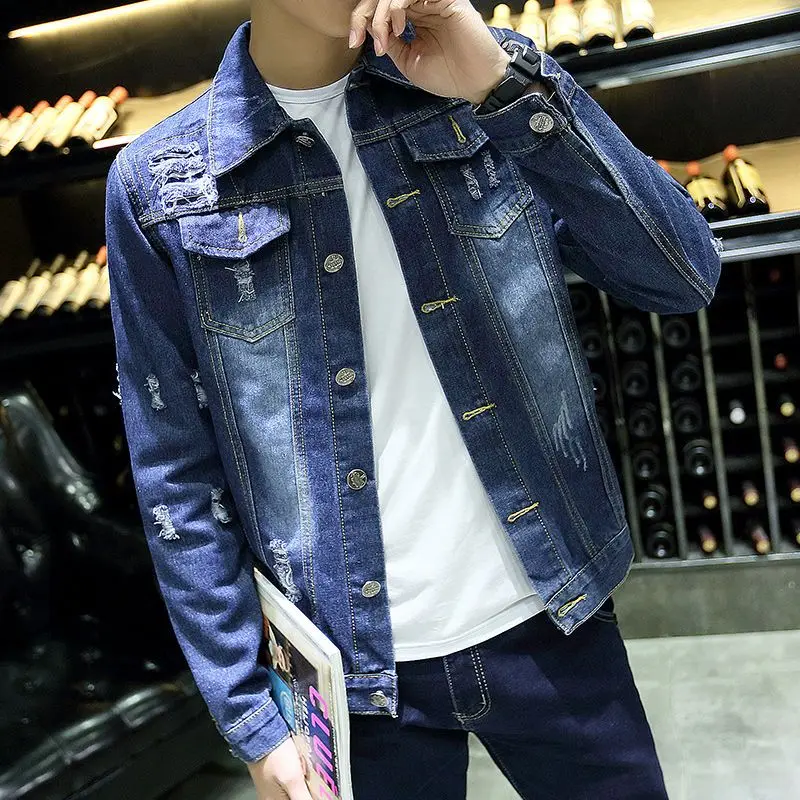 Denim Jackets Man Blue In Lowest Price Jeans Coat For Men With Hole Wide Sleeves Ripped Of Fabric Vintage Worn Stylish Y2k