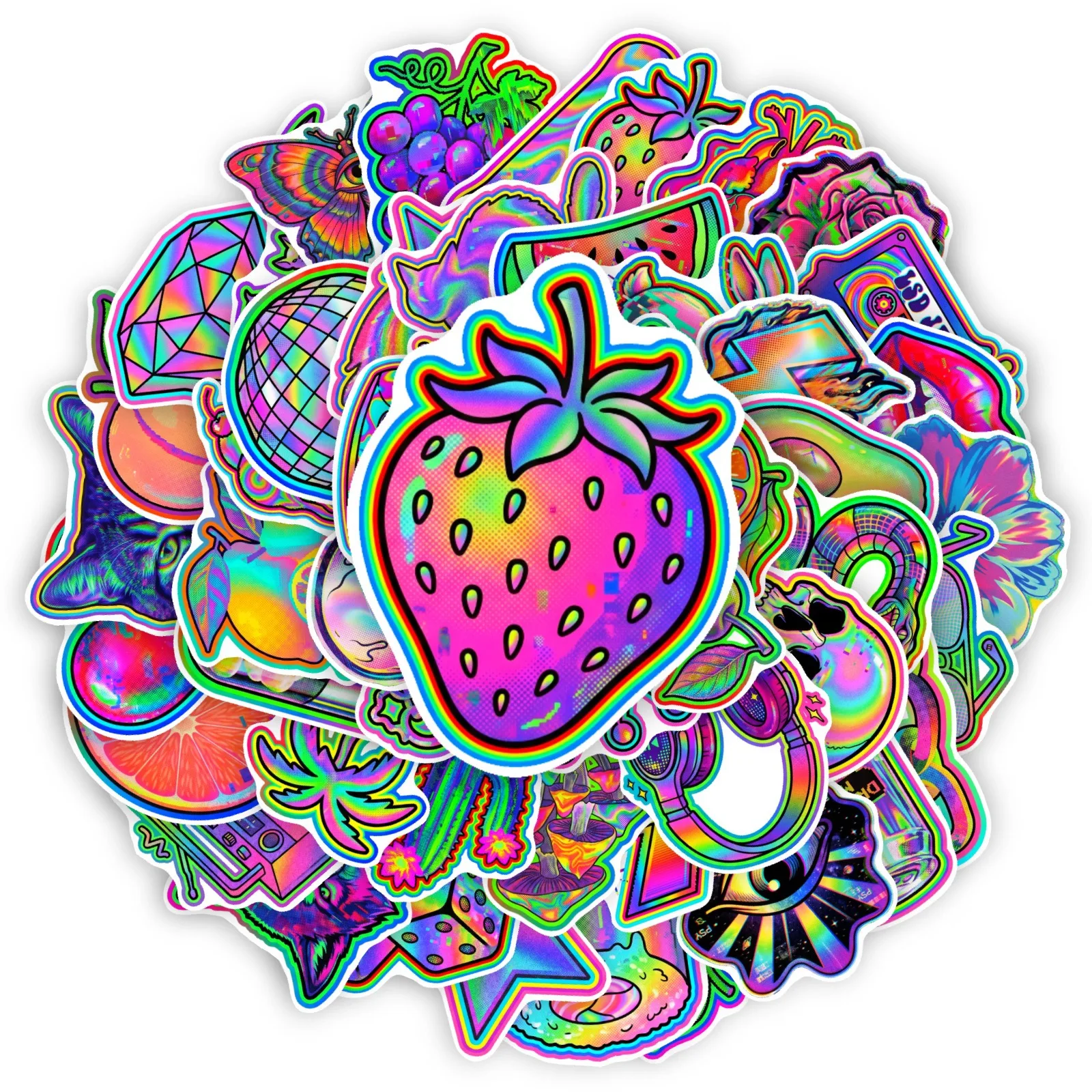 50 PCS Psychedelic Laser Style Personality Trendy Theme Stickers Pack Decorate Skateboard Motorcycle Luggage Non Repeated Decals