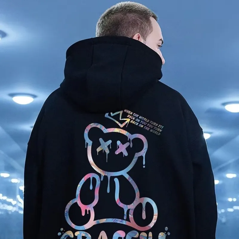 M-8XL Trendy American Style Starry Sky Graffiti Bear Print Autumn/Winter Warm Jacket Men's Hoodie