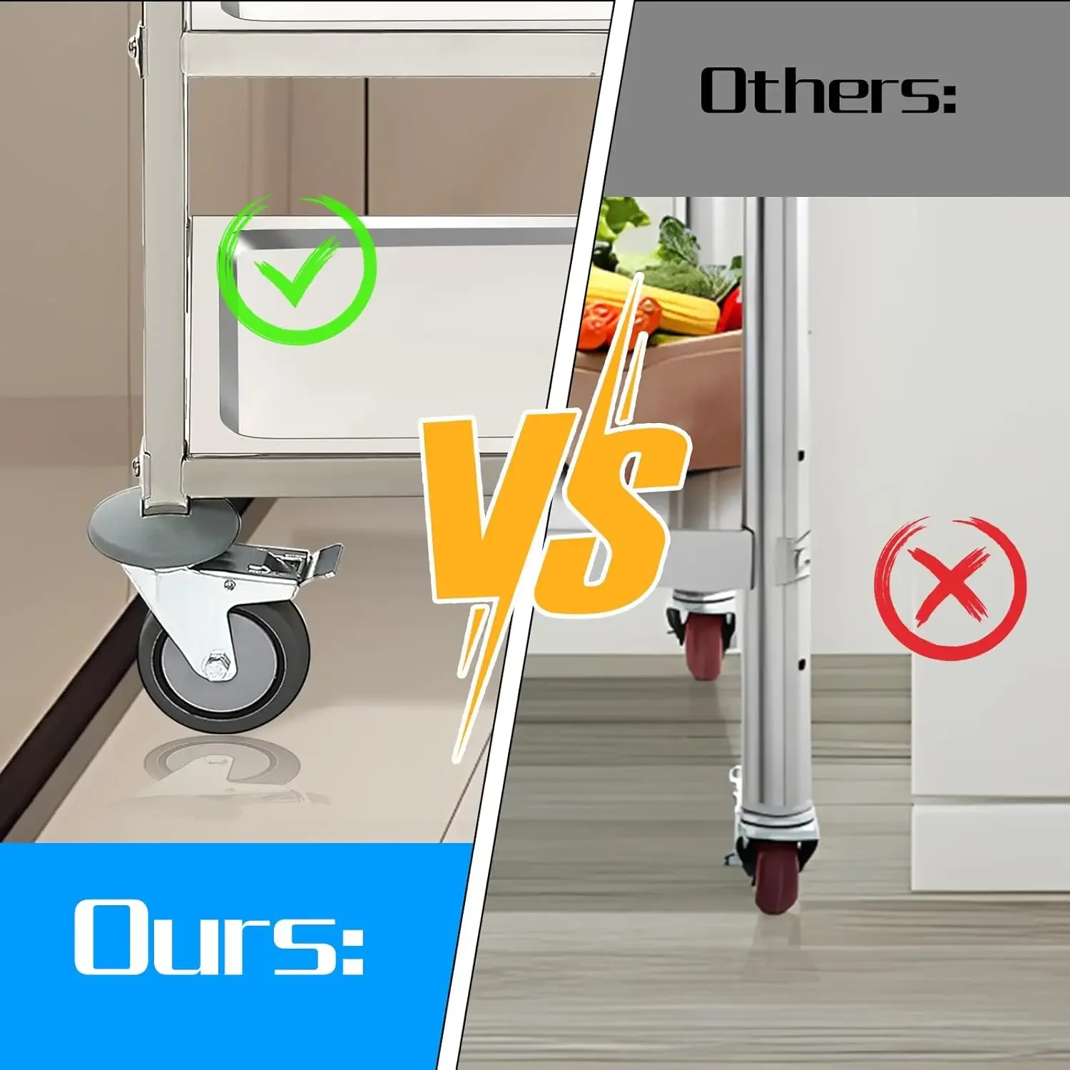 Utility Carts with Wheels Stainless Steel Cart 3 Tier Kitchen Cart Lab Medical Matel Cart with Lockable Wheels for Home Office R