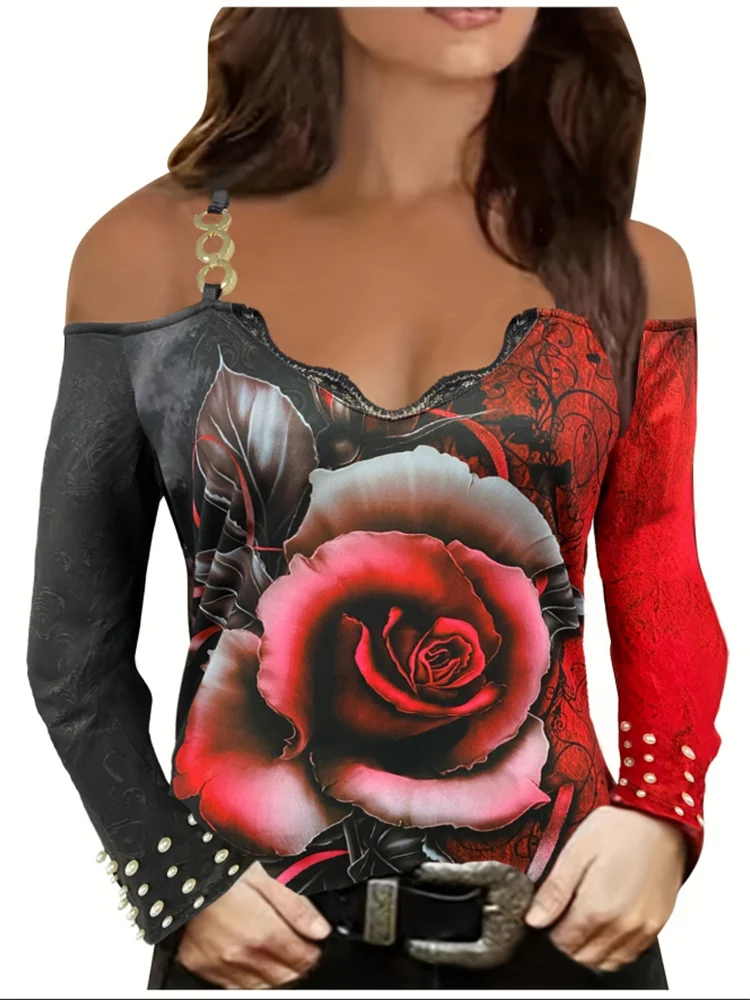

GELITAYIN Rose Printed Lace Chain T Shirts Women's Sexy Long Sleeve Blouse Fashion Slim Spring Autumn Top
