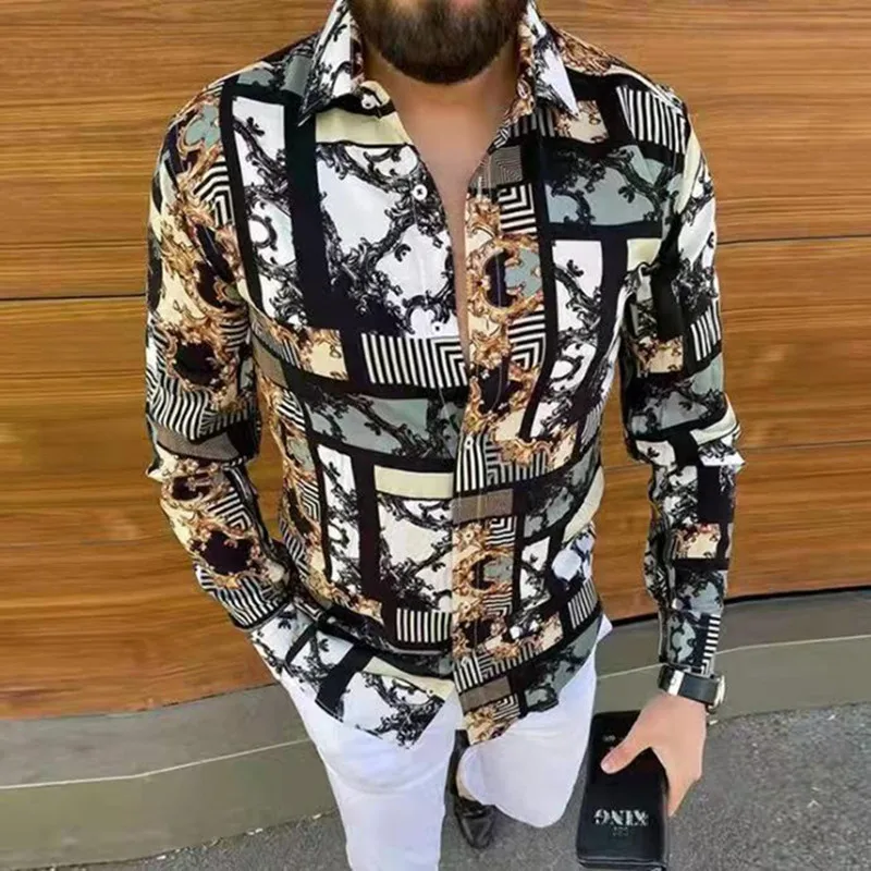 2022 Men\'s Spring And Summer Fashion Printing Luxury Social Men\'s Shirt Lapel Button Shirt Casual Printing Long Sleeve Men\'swear