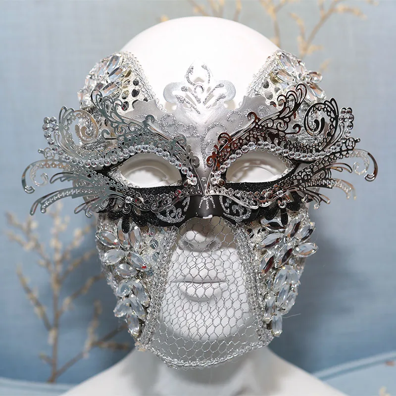 Silver Full Face Halloween Party Light Luxury Metal Butterfly Carnival Mask, Makeup Ball Girl Princess Mask