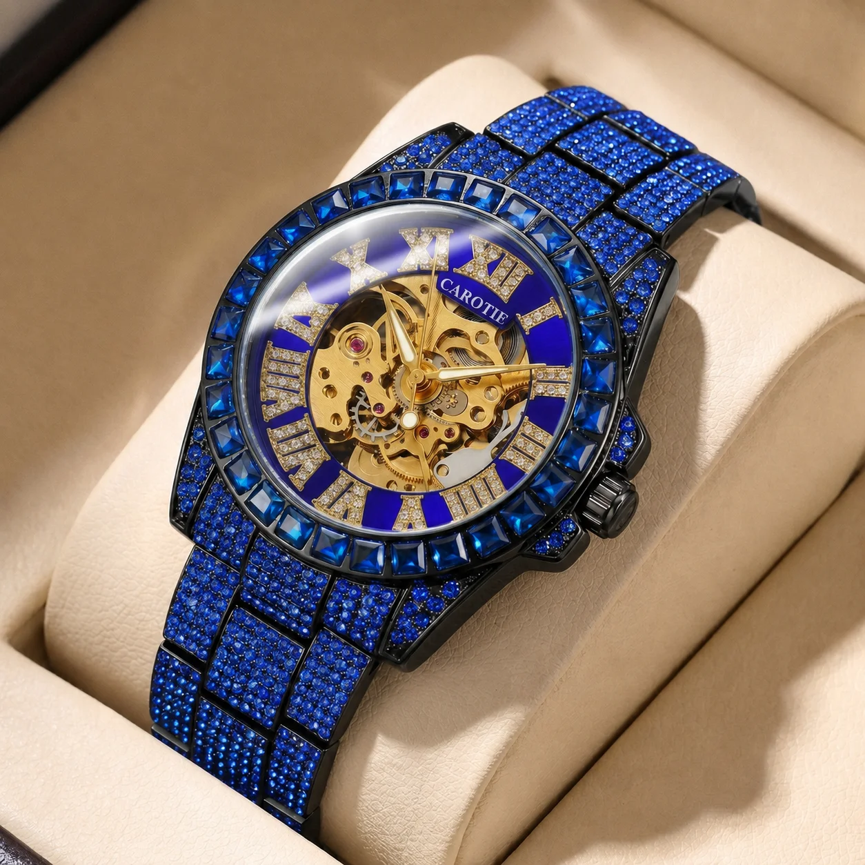 Orologio meccanico automatico da uomo con cinturino in acciaio blu, stile business, numeri romani e tourbillon