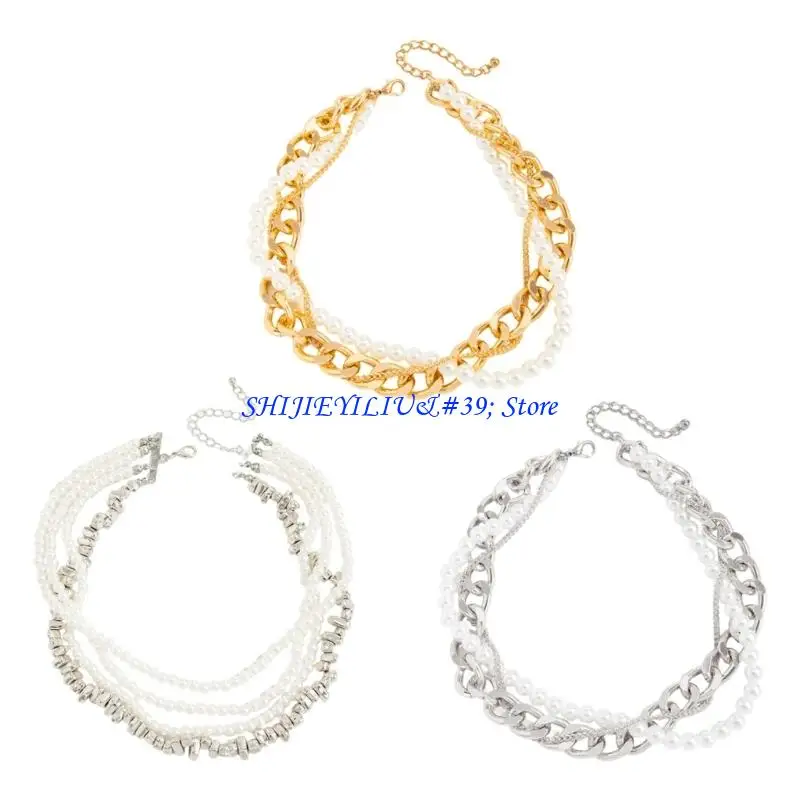 E21F Geometric Metal Necklace for Women Stylish Collar Faux Pearls Retro Accessory