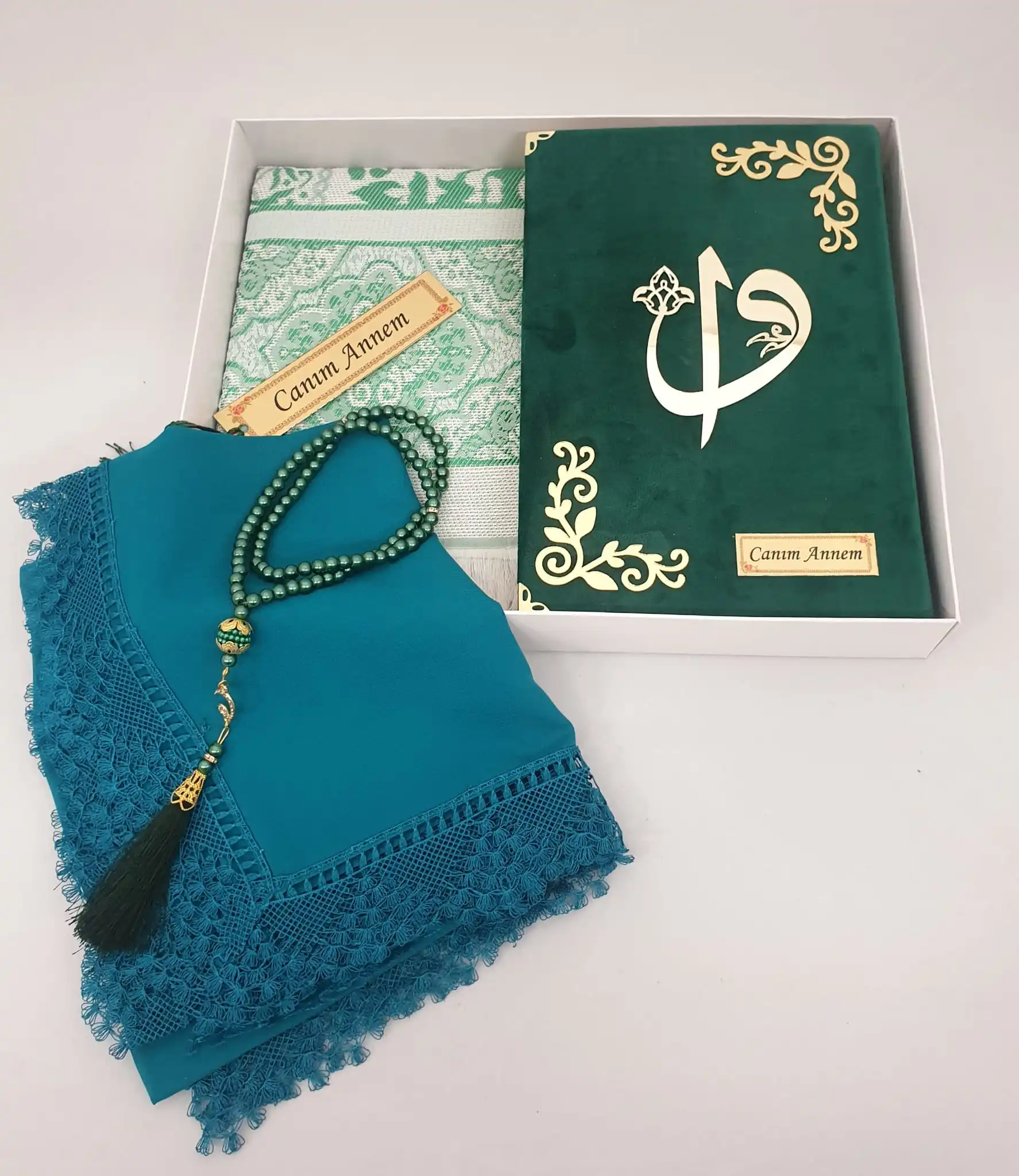 

Green Gift Koran Kerim Set Shroud Rosary Seccade