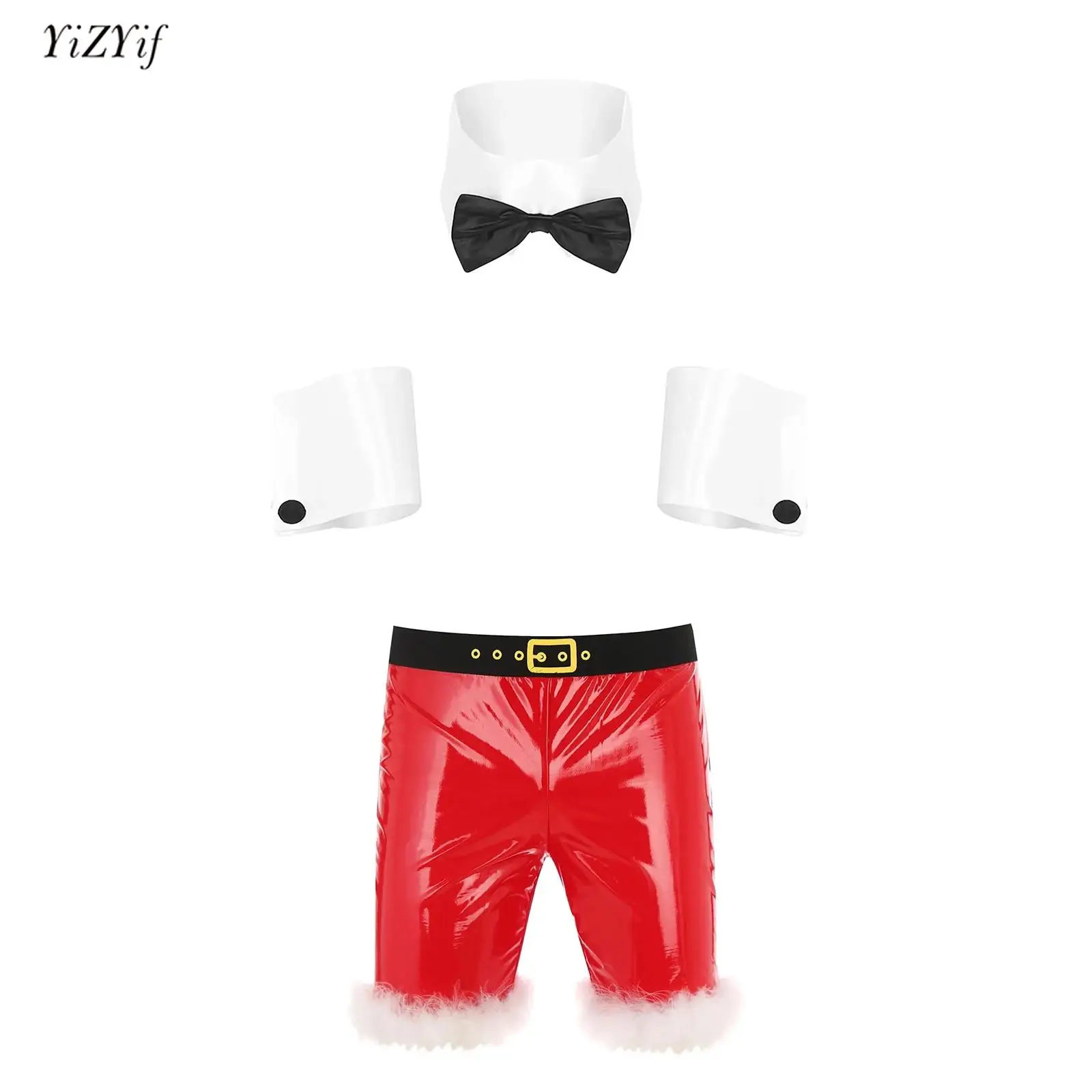 

Mens Christmas Lingerie Costume Set Red Elastic Waistband Boxer Briefs Shorts with Collar and Cuffs for Cosplay Theme Party Club