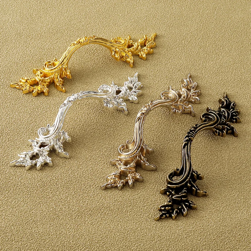 European Antique Clothes Cabinet Door Handle Golden Silver Carved Dressing Table Drawer Handle Zinc Alloy Furniture Hardware