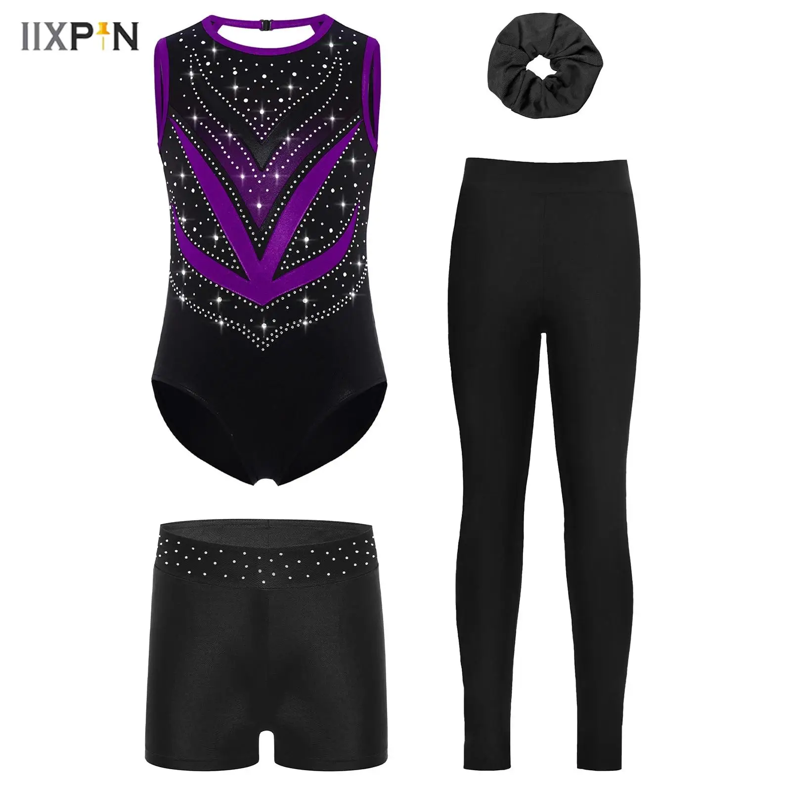

4Pcs Kids Girls Gymnastics Outfit Shiny Rhinestones Sleeveless Crisscross Back Mesh Patchwork Leotard+Shorts+Leggings+Hairband