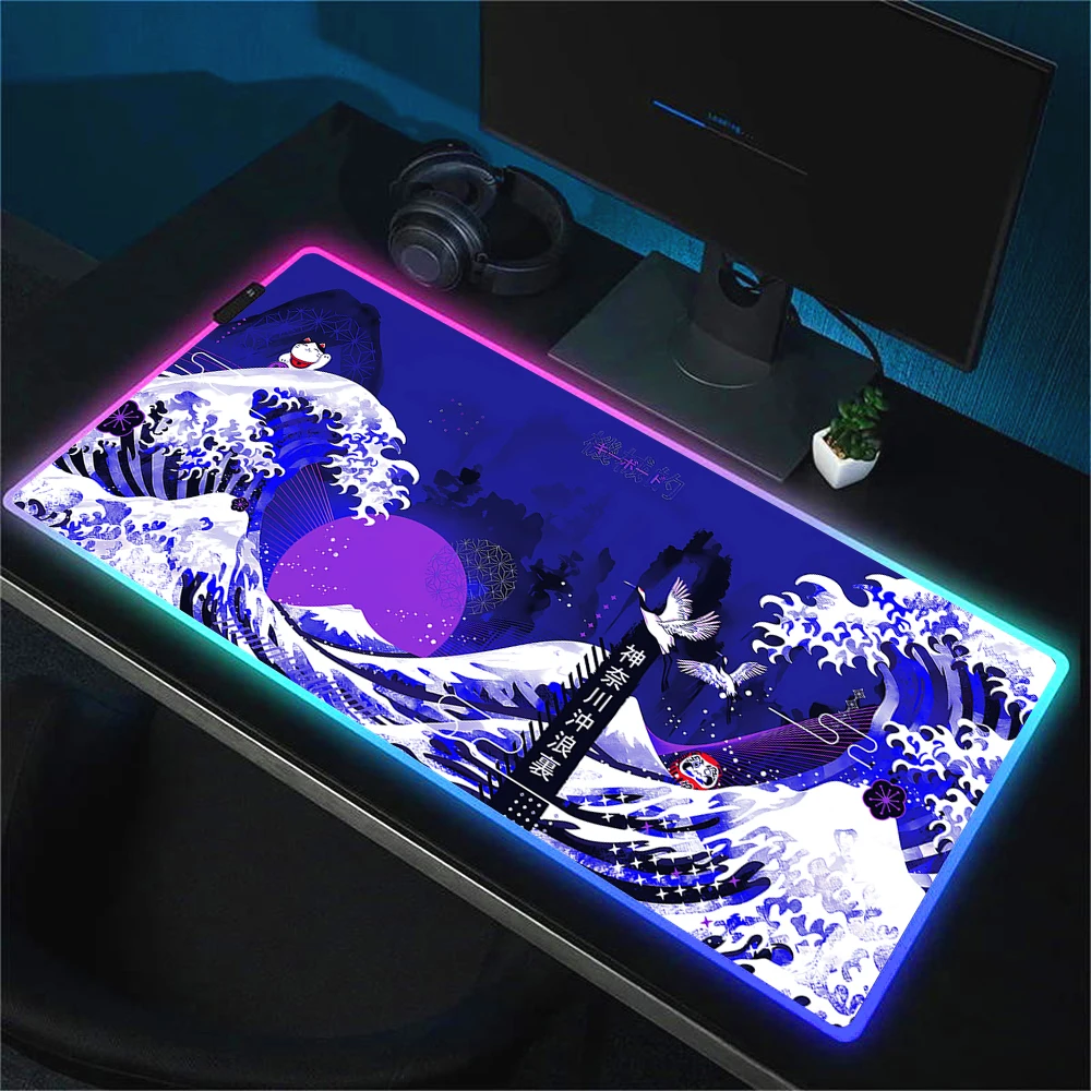 HD Printing The Great Wave off Kanagawa RGB Mouse Pad Large Gaming Keyboard Computer Rubber Mat XL Carpet Backlit Deskmat 90x40
