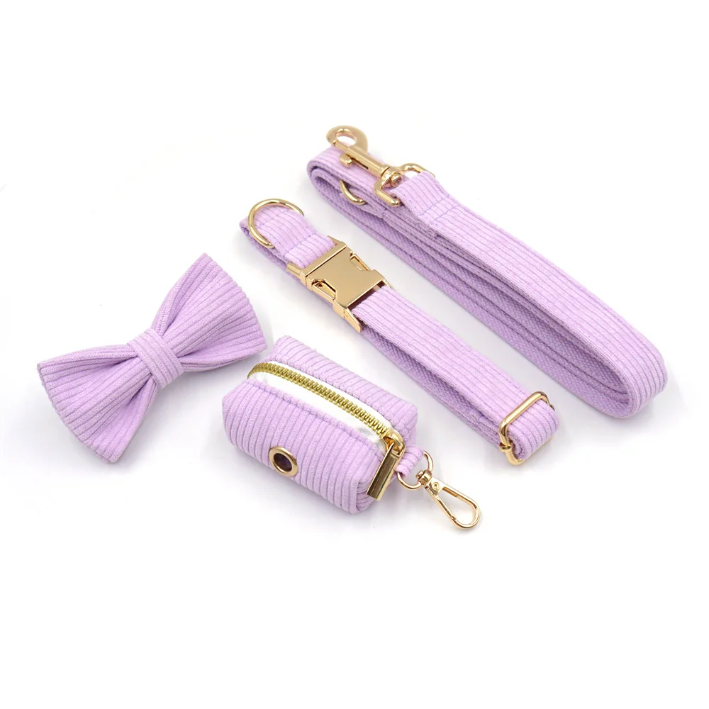 Violet Corduroy Personalized Harness for Small Dogs Cats Light Weight Puppy Bowtie Collar and Leash Set Custom Dog Accessories