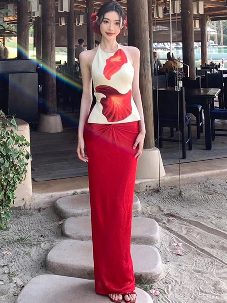 

Trendix Flower Print Dress Sets For Women Slim High Waist Skirt And Sexy Backless Bodycon Tank Tops 2 Piece Suits Vacation Dress