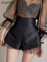 Women Satin Shorts High Waist Mesh Patchwork A Line Wide Leg Slim Suit Shorts Zipper Back Elegant Chic Design Solid Office Lady