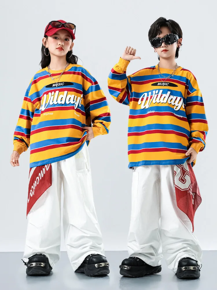 Kind Kpop Hip Hop Kleidung Orange Gestreiftes Sweatshirt Top Weiß Straße Fallschirm Cargo Hosen für Mädchen Junge Tanz Kostüme Kleidung