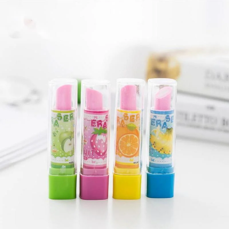 4 Pcs Cute Cartoon Lipstick Rubber Creative Novelty Pencil Eraser Stationery