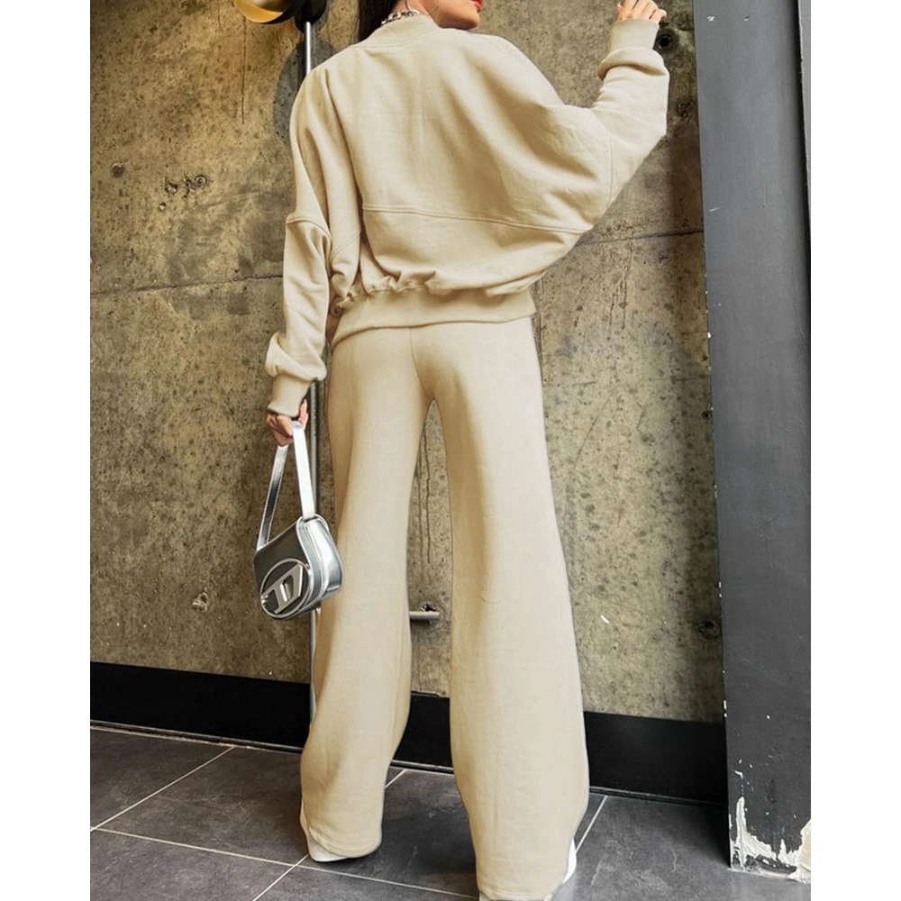 Women Sporty Two Pieces Tracksuit Outfits Zipper Fly Coat and Tied Detail Wide Leg Pants Ensembles 2 Piece Set Pants Suits