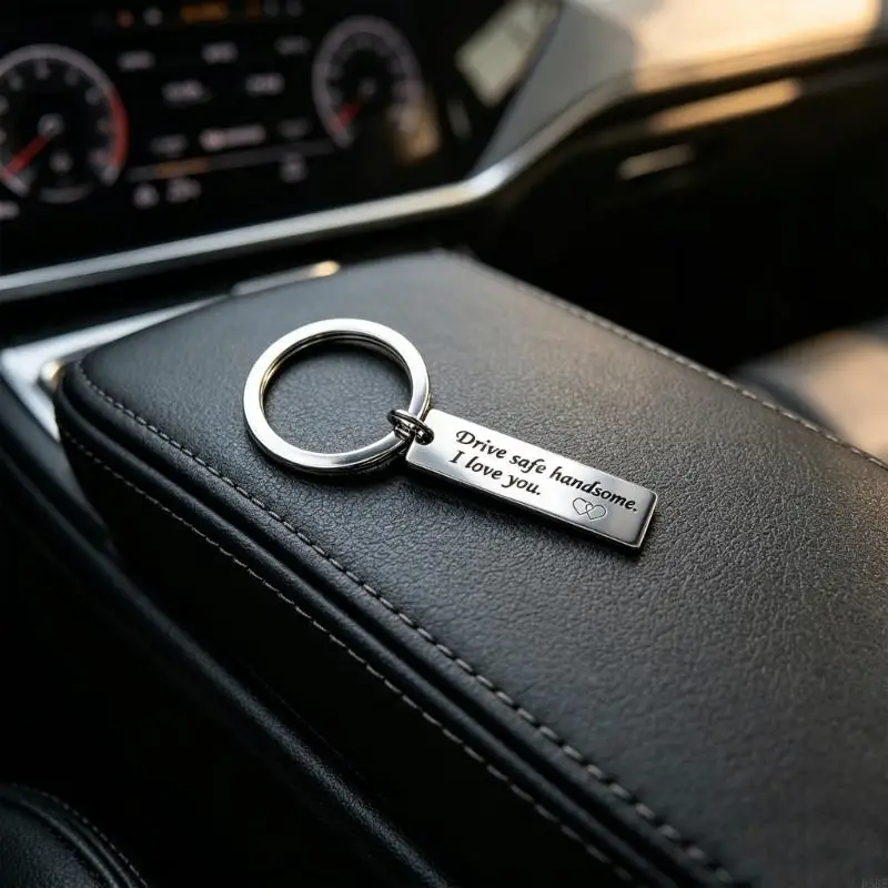D5BE Steel Drive Safe Keychain Engraved Message Plate for Daily Carry, Driver Gift Accessory with Keychain Loop for Car Owners