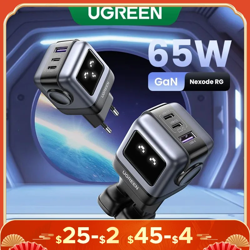 

New！UGREEN 65W GaN Charger Robot Design Quick Charge 4.0 3.0 PPS PD Fast Charger for iPhone 16 15 14 Pro Macbook Laptop Tablet